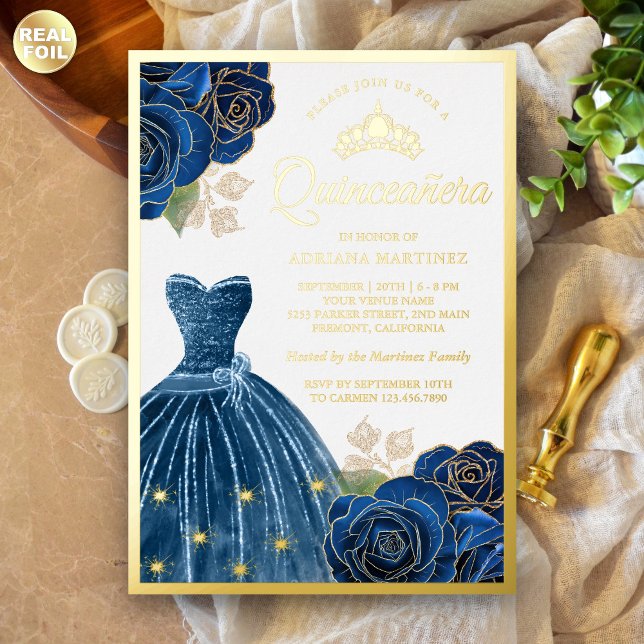 Sparkling Gown Navy Blue Roses Quinceanera Gold (Creator Uploaded)