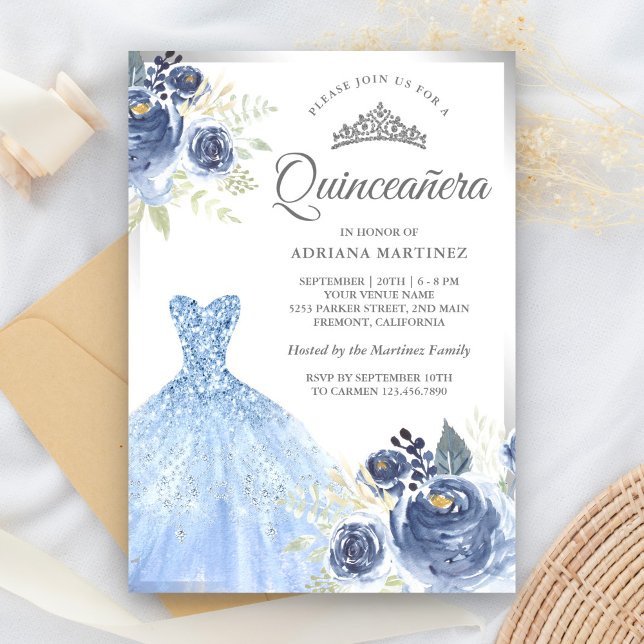 Sparkling Gown Soft Blue Roses Silver Quinceanera Invitation (Creator Uploaded)