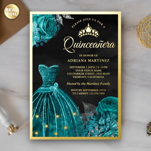 Sparkling Gown Teal Roses Black Quinceanera Gold (Creator Uploaded)