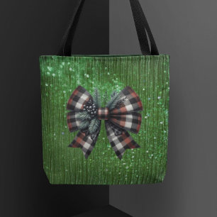 Sparkling Green Big Plaid Black Bow Tote Bag
