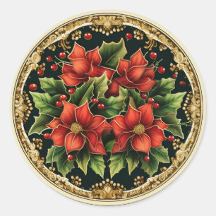 Sparkling Holly and Ivy Poinsettia Classic Round Sticker