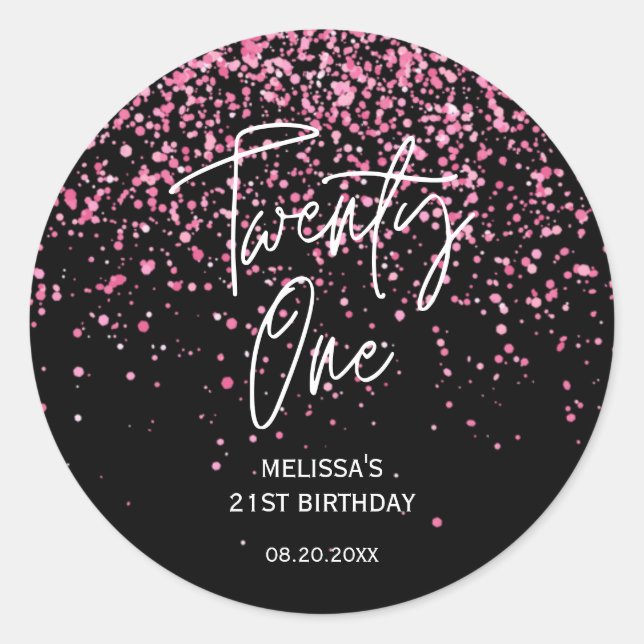 Sparkling Hot Pink Glitter Black 21st Birthday  Classic Round Sticker (Front)