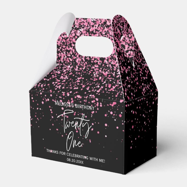 Sparkling Hot Pink Glitter Black 21st Birthday Favour Box (Front Side)