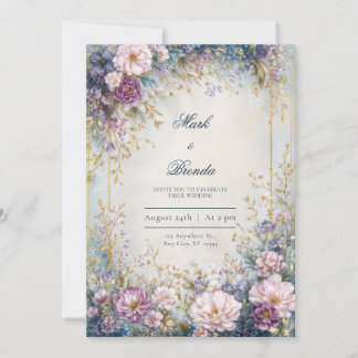 Sparkling Lavender Indigo Gold Border Wedding Invitation
