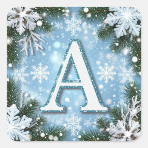 🎄 Sparkling Letter A Christmas Monogram Snowflake Square Sticker