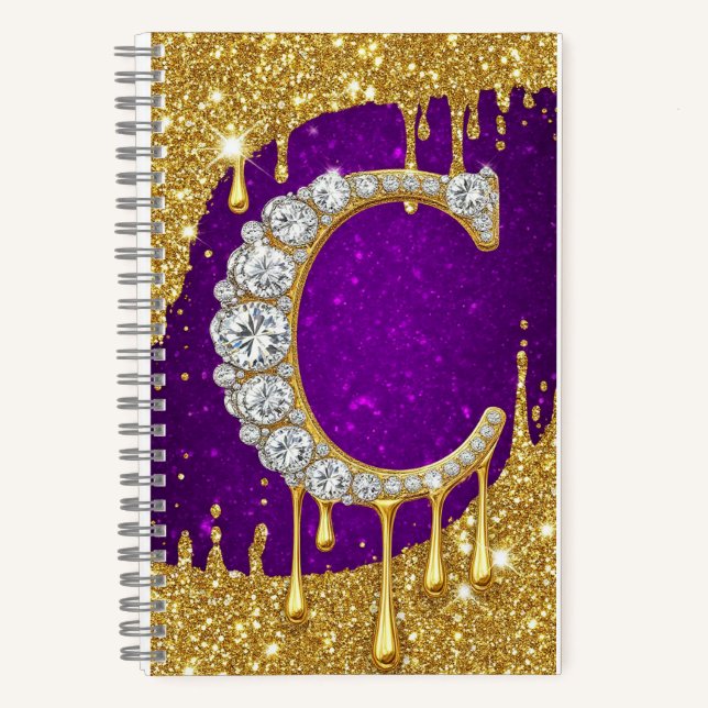 Sparkling Letter C With Gold Glitter Drip Notebook (Front)