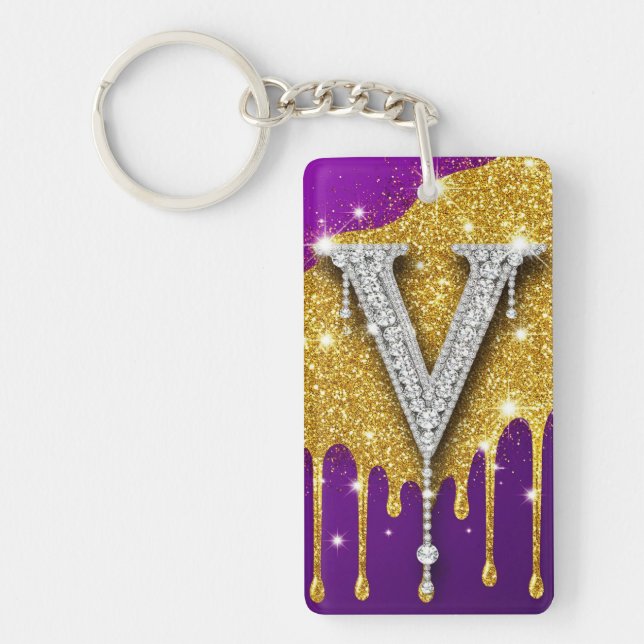 Sparkling Letter V With Gold Glitter Drip Key Ring (Front)