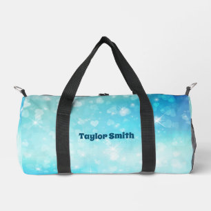 Sparkling Light Blue Background with hearts Duffle Bag