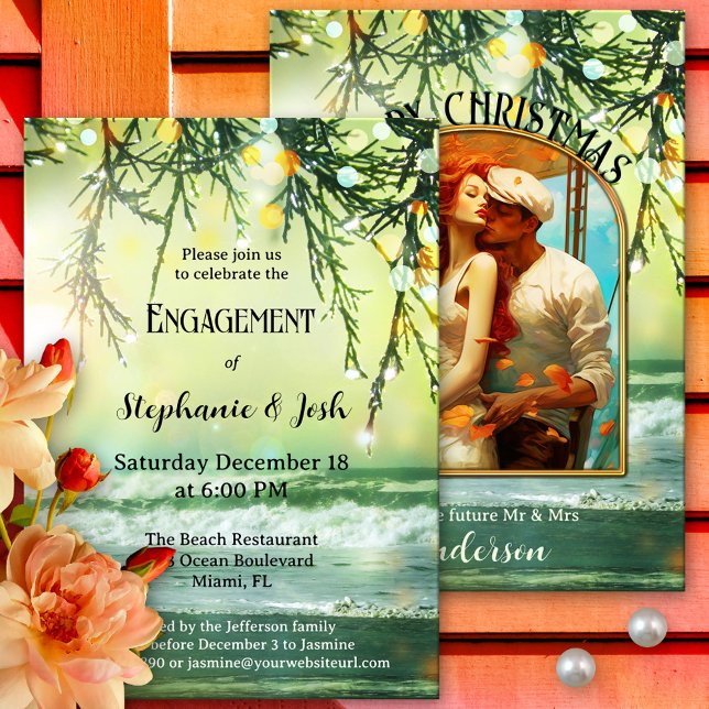 Sparkling Lights Beach Photo Engagement Party Invitation (Festive photo engagement party invitation showing a beach with sparkling bokeh lights on pine twigs)