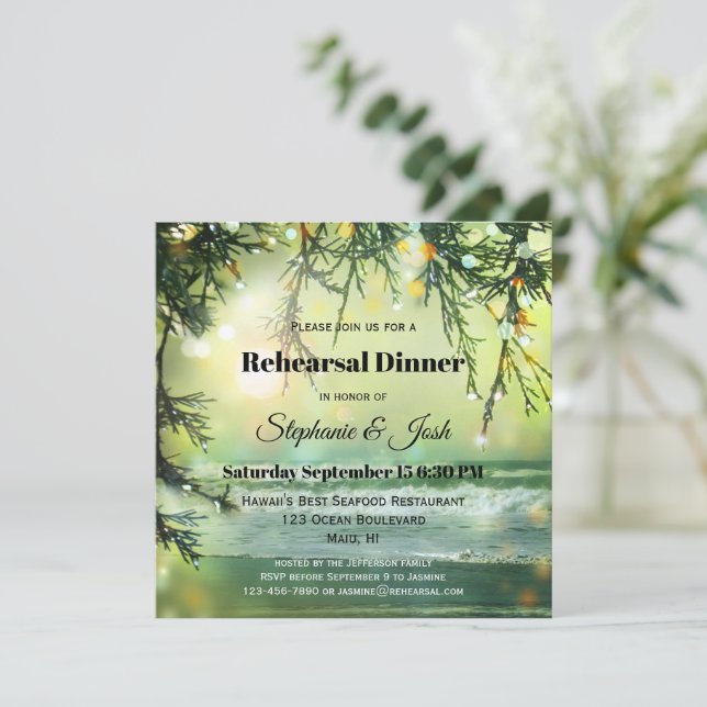 Sparkling Lights Beach Rehearsal Dinner Invitation (Standing Front)