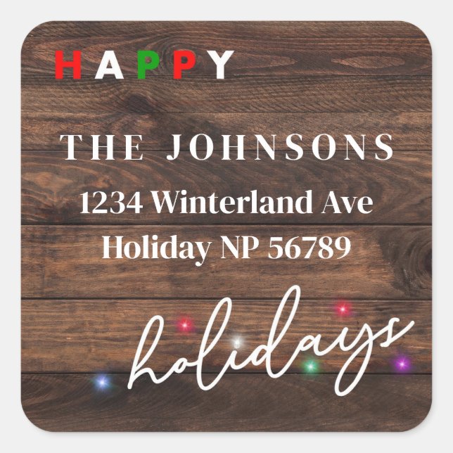 Sparkling Lights Dark Wood Square Address Label  (Front)