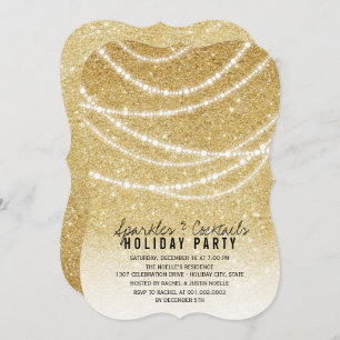 Sparkling Lights Gold Glitter Holiday Party Invite