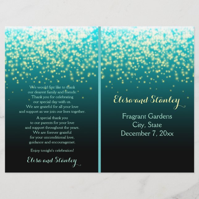 Sparkling lights in the sky teal, wedding program (Front)