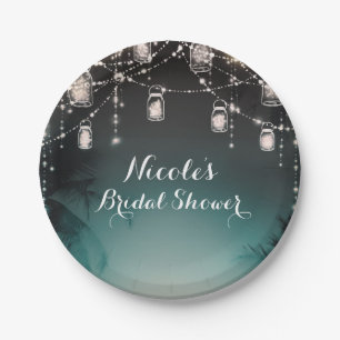 Sparkling Lights Palm Trees Elegant Beach Wedding Paper Plate