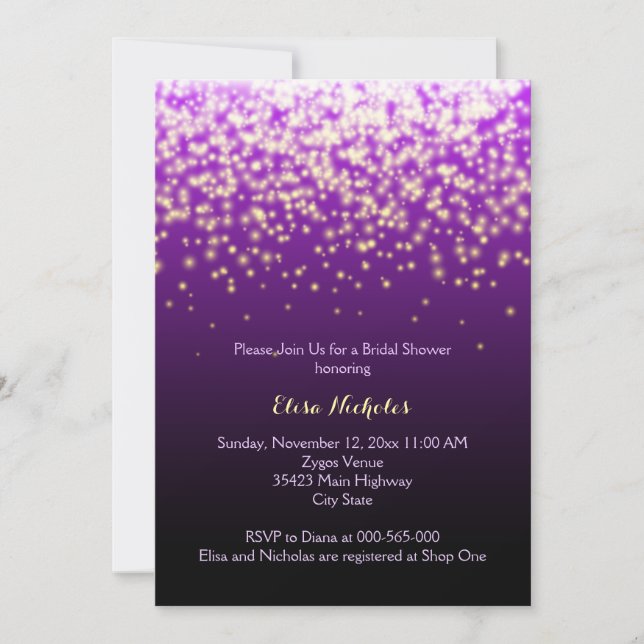 Sparkling lights purple wedding bridal shower invitation (Front)