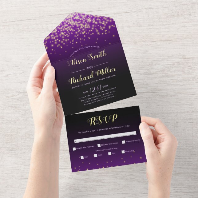 Sparkling lights purple winter night wedding all in one invitation (Tearaway)