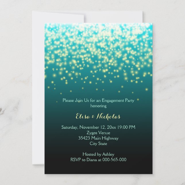 Sparkling lights teal wedding engagement party invitation (Front)