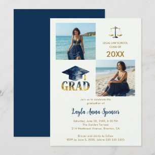 Sparkling Navy Gold Law Graduation 2-Photo Invitation