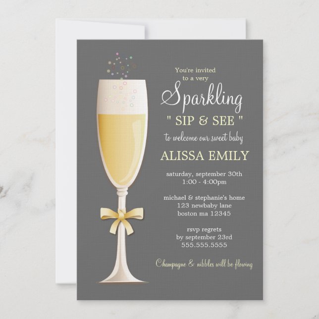 Sparkling New Baby  Sip and See in Grey | Yellow Invitation (Front)