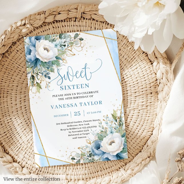 Sparkling Pastel Blue White Floral Sweet 16 Invite (Sparkling Pastel Blue White Floral Sweet 16 Invitation)