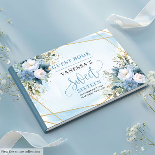 Sparkling Pastel Blue White Floral Sweet Sixteen  Guest Book