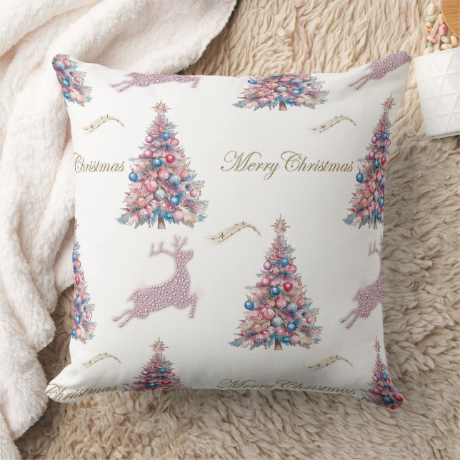 Sparkling Pastel Christmas Trees and Reindeer  Cushion (Blanket)