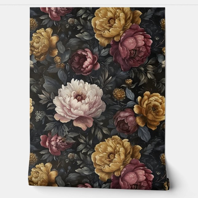 Sparkling Peony Noel Botanical Wallpaper (Unrolling)