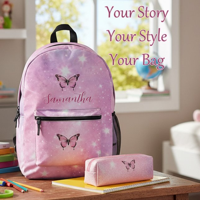 Sparkling Pink Butterfly Dreams Printed Backpack (Creator Uploaded)