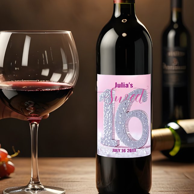 Sparkling Pink Diamond Studded Number Sweet 16 Wine Label (Creator Uploaded)