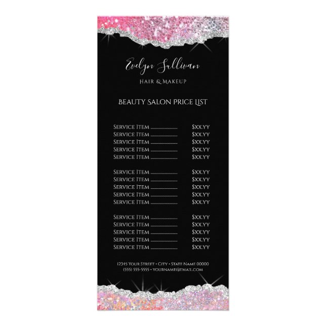 sparkling pink glitter price list rack card (Front)