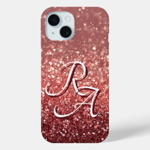 Sparkling Pink Rose Glitter with Custom Initials iPhone 15 Case