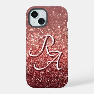 Sparkling Pink Rose Glitter with Custom Initials iPhone 15 Case