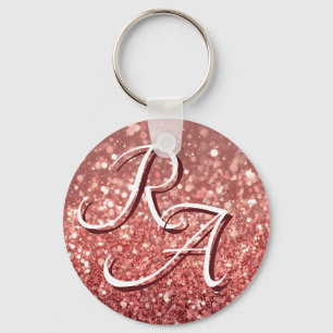 Sparkling Pink Rose Glitter with Custom Initials Key Ring