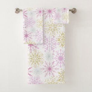 Sparkling Pink Snowflakes Bath Towel Set