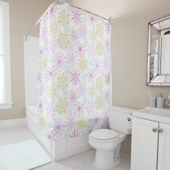 Sparkling Pink Snowflakes Shower Curtain (In Situ)