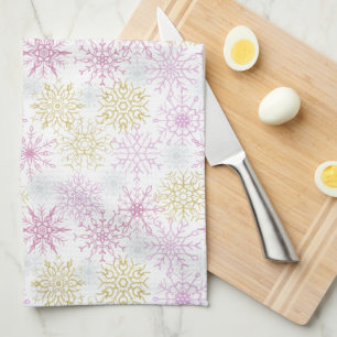 Sparkling Pink Snowflakes Tea Towel