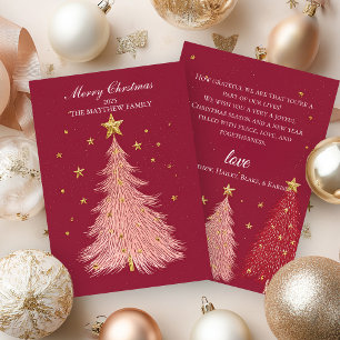 Sparkling Pink Tree Gold Christmas Card