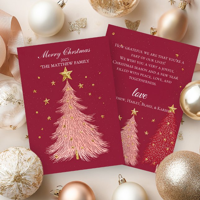 Sparkling Pink Tree Gold Christmas Card (Creator Uploaded)
