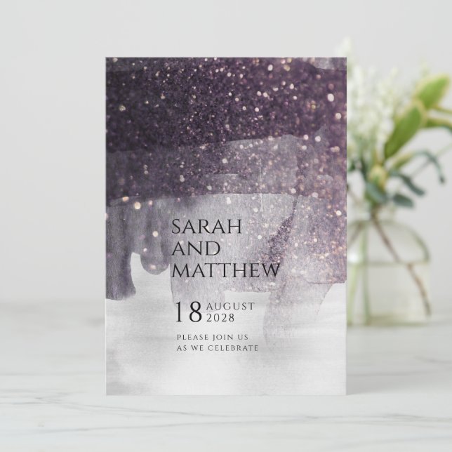 Sparkling Plum & Silver Curtain Call Wedding Invitation (Standing Front)