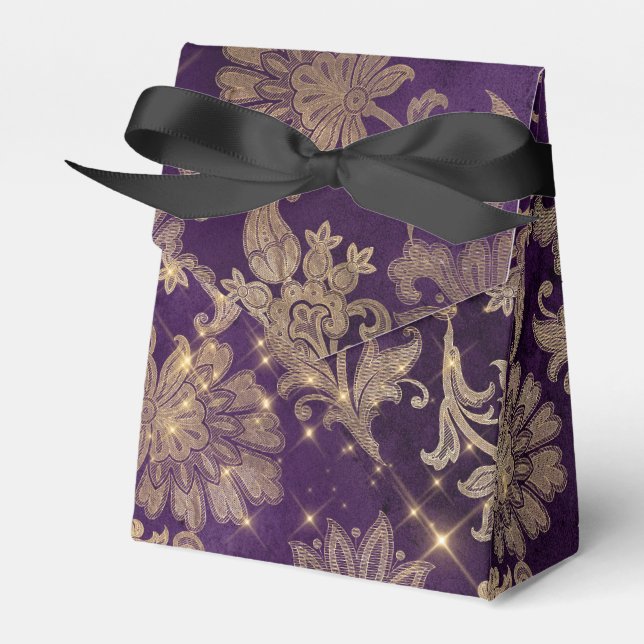 Sparkling Purple and Gold Vintage Damask Favour Box (Front Side)