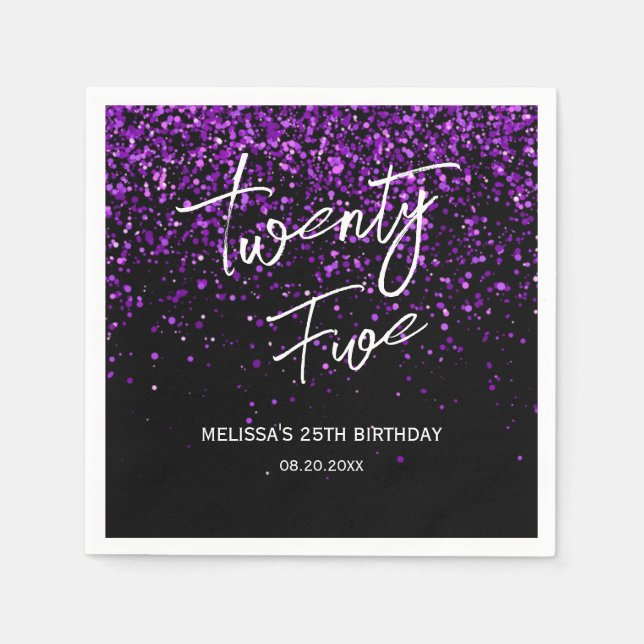 Sparkling Purple Glitter Black Any Age Birthday Napkin (Front)