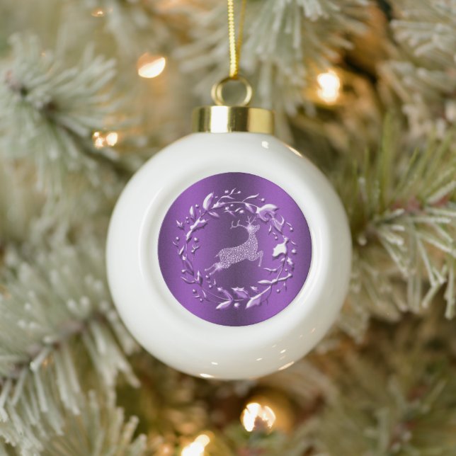 Sparkling Purple Reindeer Christmas Ceramic Ball Christmas Ornament (Tree)