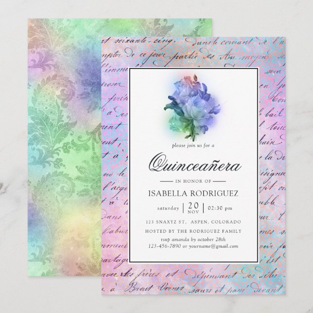 Sparkling Purple Roses and Damask Quinceañera Invitation (Front/Back)