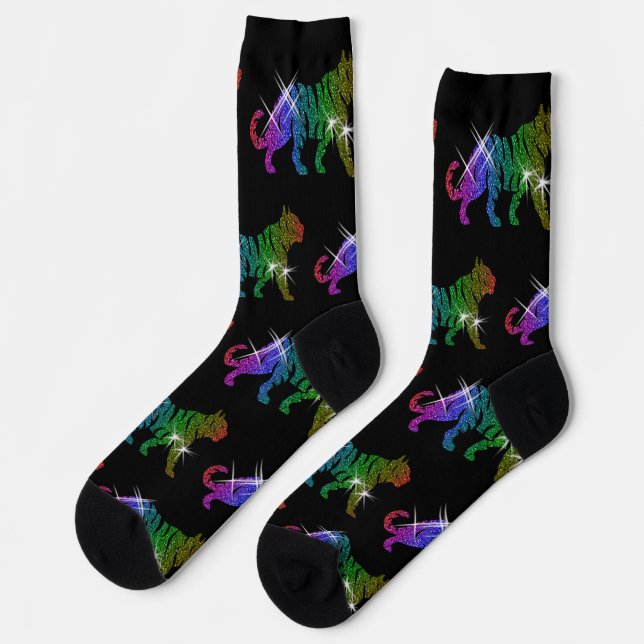 Sparkling Rainbow Glitter Tiger Animal Pattern  Socks (Left)