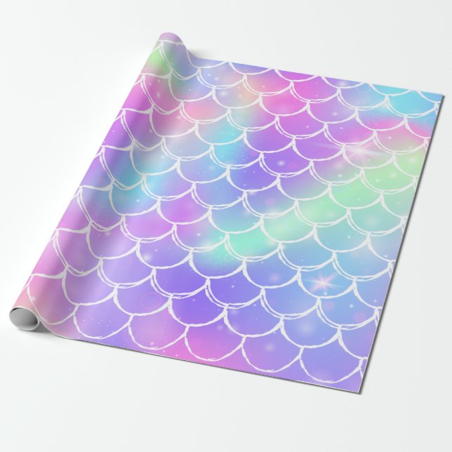 Sparkling Rainbow Mermaid Scales Wrapping Paper (Unrolled)