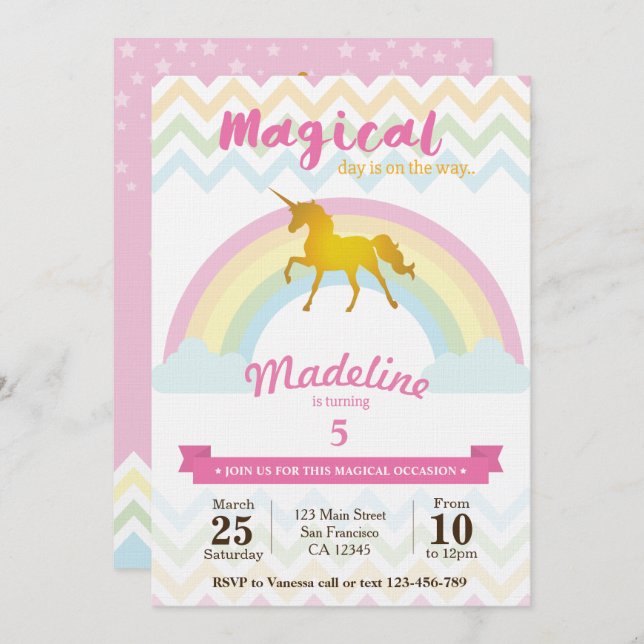 Sparkling rainbow unicorn birthday invitation (Front/Back)