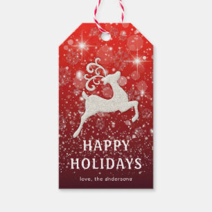 Sparkling Red Background White Reindeer Luxury Gift Tags