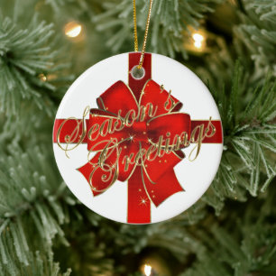 Sparkling Red Bow Season's Greetings Ornament
