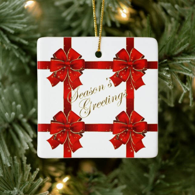 Sparkling Red Bow Season's Greetings Ornament (Tree)