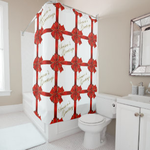 Sparkling Red Bow Season's Greetings Shower Curtain